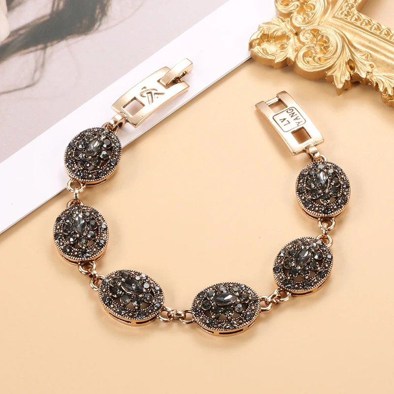 Charm Bracelet Boho Women Link Antique Gold Color Gray Crystal Ethnic Wedding Bridal Vintage Russia Accessories