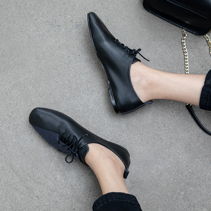 

Women Pumps plus size 22-26.5cm length color stitching Genuine Leather shoes woman Two-tone stitching low-heeled casual shoes