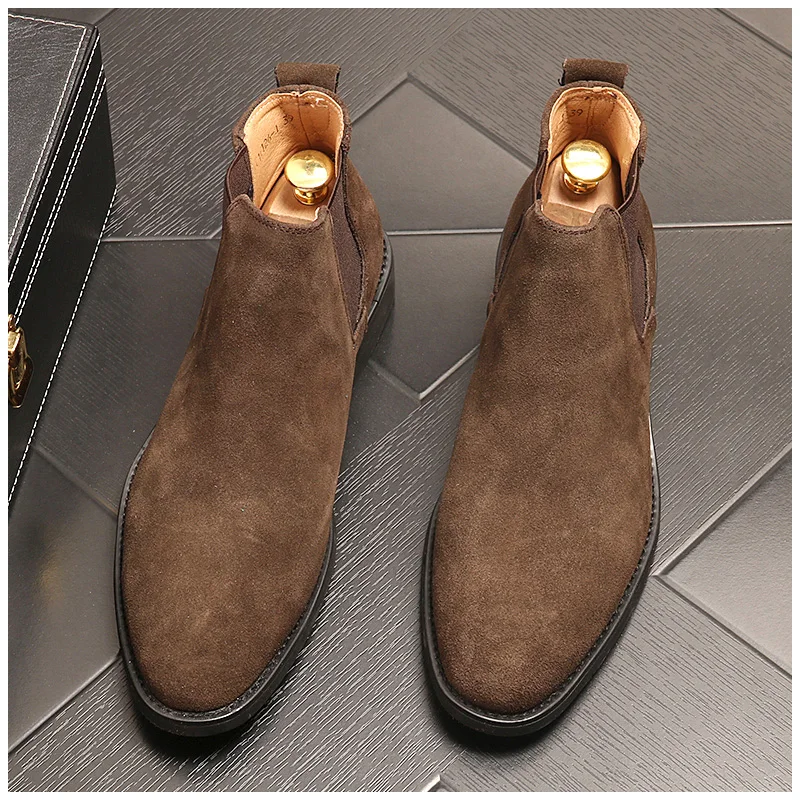 brown without fur Мужские ковбойские ботинки для отдыха; сезон осень-зима; обувь из натуральной кожи; ботинки «Челси» без застежки; короткие ботильоны; botas zapatos de hombre botines - Цвет: brown without fur