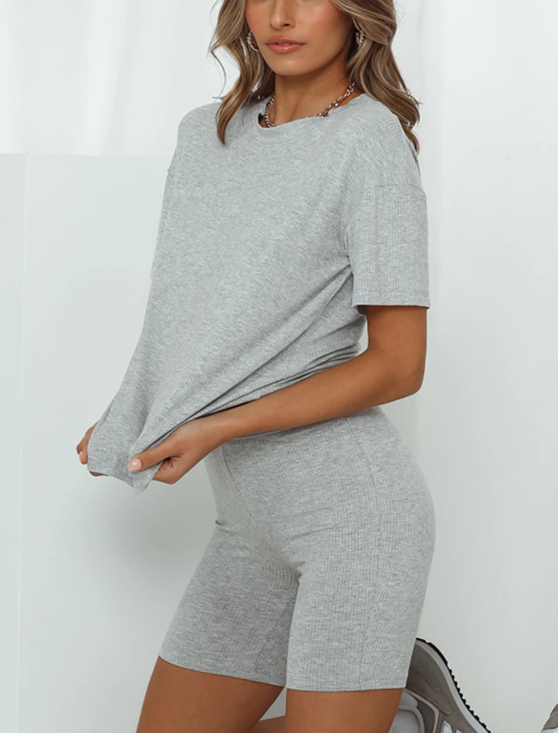 Aachoae Solid 2 Piece Set Women Summer Batwing Sleeve Casual Sports T Shirt+Bodycon Biker Shorts Set Tracksuit Sportswear Suit
