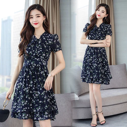 Navy blue Женская корейская винтаж 3XL плюс размер розовой печати пляжная одежда летний богемный шифон мини сладкий юбка с бантом воротник женский одеваются одеваются Vestidos - Цвет: Navy blue