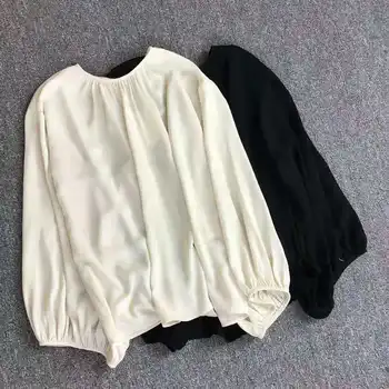 

Round Neck Pleated Lanterns Large Sleeves Drop Shoulder Shirt Women