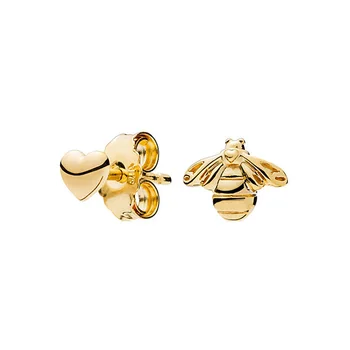 

Original 100% 925 Sterling Silver Stud Earrings Love Heart & Bee Gold Earings Cute Christmas Gift for Women Girl Fashion Jewelry