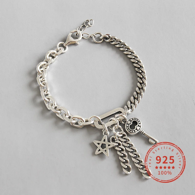 

925 Sterling Silver Bracelet Vintage Key Pentagram Chain Bracelet Chain Bracelets Fine Jewelry Engagement Gift WDB046
