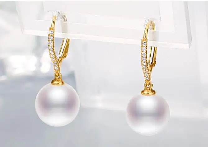 Великолепные AAA9-10mm круглые белые жемчужные висячие серьги 18k с бриллиантами