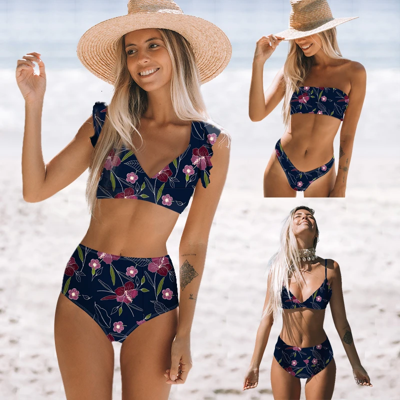 

New Women Floral Print Bikinis Sexy Tube Top Bikini Set Brazilian Swimwear High Waist Bathing Suit Swimsuit Biquinis 2020