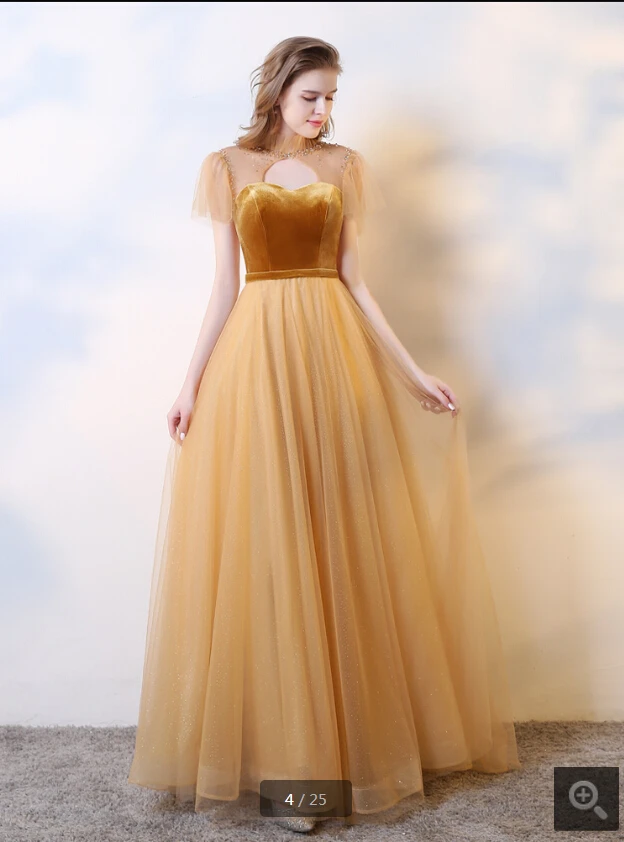 

2020 new arrival gold velvet a line long prom dress high neckline cap sleeve beaded sequins modest prom gowns evening dresses