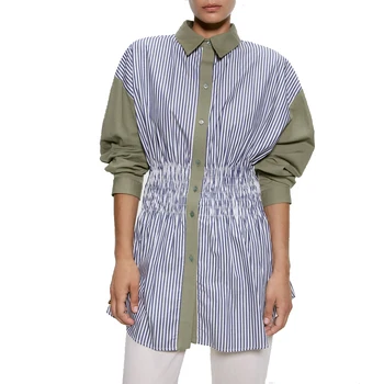 

2019 za women's fashion blouses patchwork lapel collar female's STRIPED SHIRT WITH TRIM female's shirts for girls XS S M L