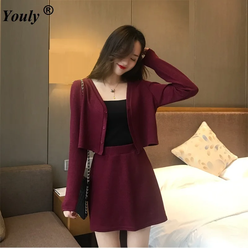 

2019 Autumn Women Sweater Skirt Suit Casual Knitted Female Mini Skirts Suits Ladies 2 Piece Set Cardigan Coat Jacket Skirt Sets