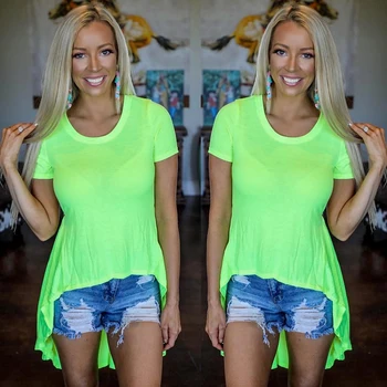 

Women Summer Hi-Low T-Shirt Tops TShirt Shirts O Neck Short Sleeve Top Solid Color Fluorescent Green T Shirt Ladies Female D30