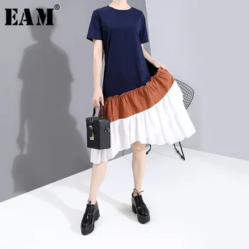 

[EAM] Women Blue Ruffles Irregular Midi Dress New Round Neck Short Sleeve Loose Fit Fashion Tide Spring Summer 2020 1W581