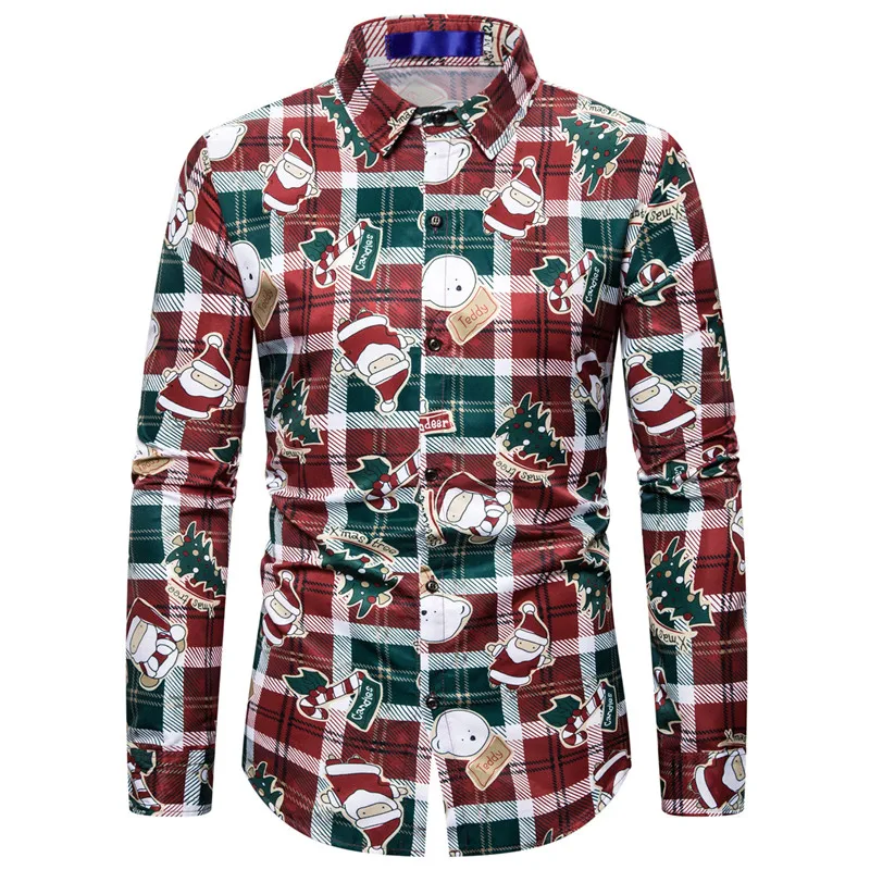 Большие и высокие размеры Camisa Masculina, Рождественская рубашка, мужская повседневная рубашка на пуговицах, модная уличная одежда XXL