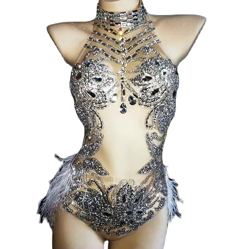 Shining Rhinestone Women Sleeveless Bodysuits Singer Stage Wear White Feather Body Suits Gloves Evening Prom Drag Queen Outfit