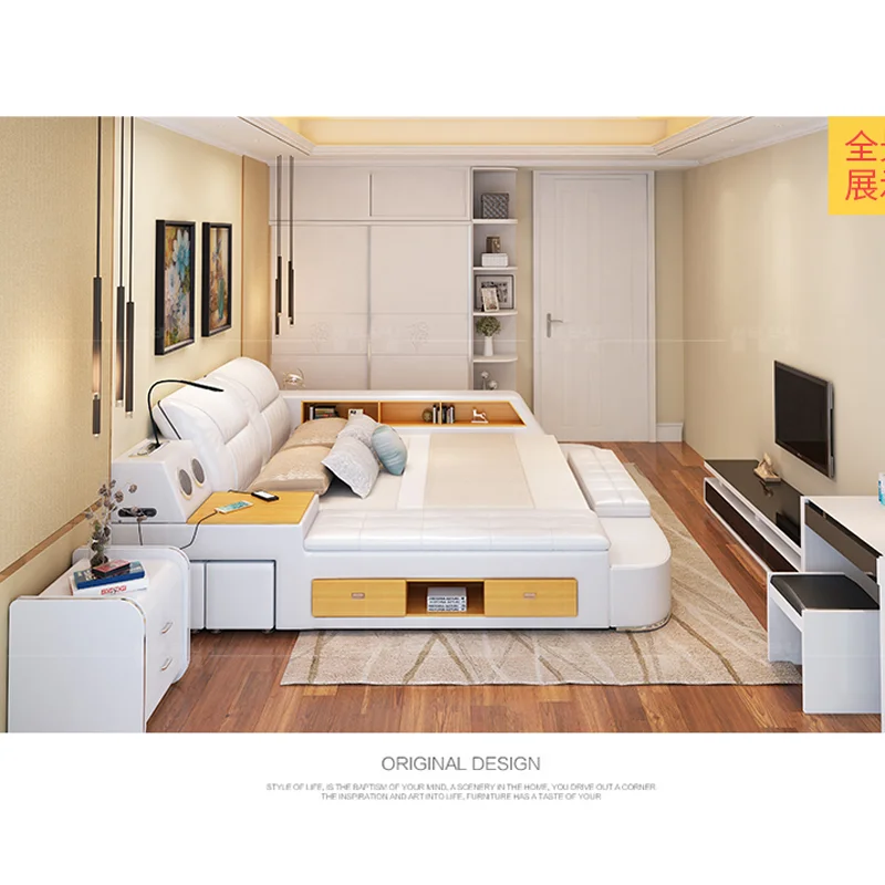 Modern bed with storage massage functions multifunctional bed sets