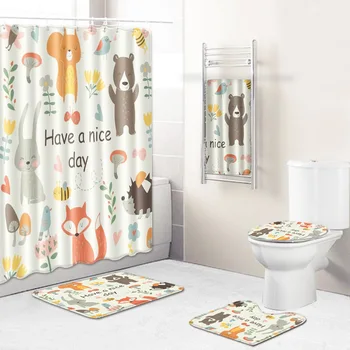 

New Cartoon Bathroom Shower Curtain Bath Towel Mat Five-Piece Set Toilet Toilet Carpet Mats Bathroom Bath Aceessories Set