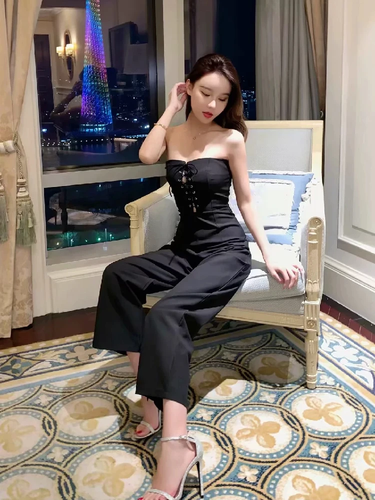 Thai Tide брендовые модные сексуальные женские с открытыми плечами с высокой талией тонкие широкие брюки со шнуровкой топ комбинезон 3 цвета