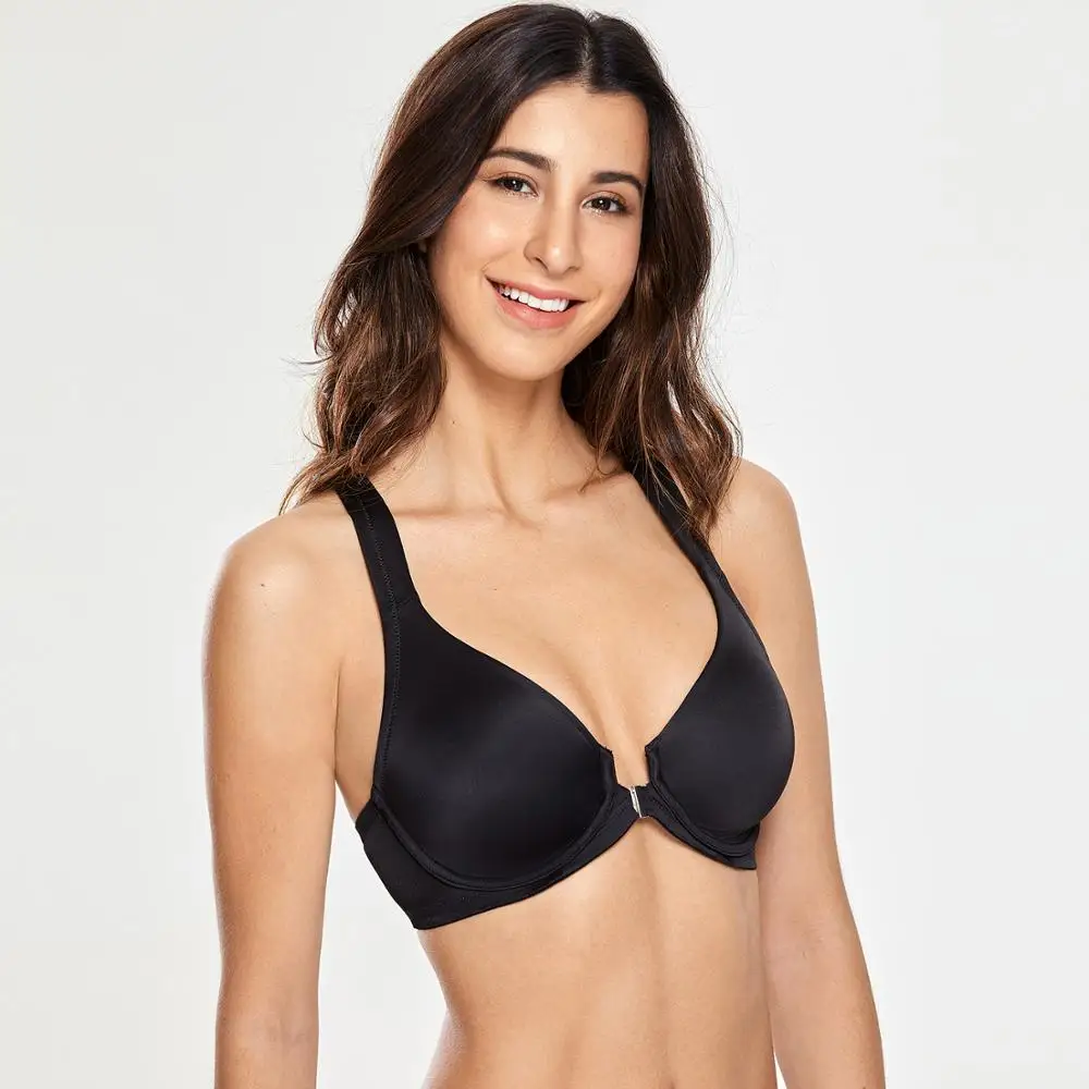 

Women's Underwire Support Unlined Front Close Racerback Plunge Bra Plus Size