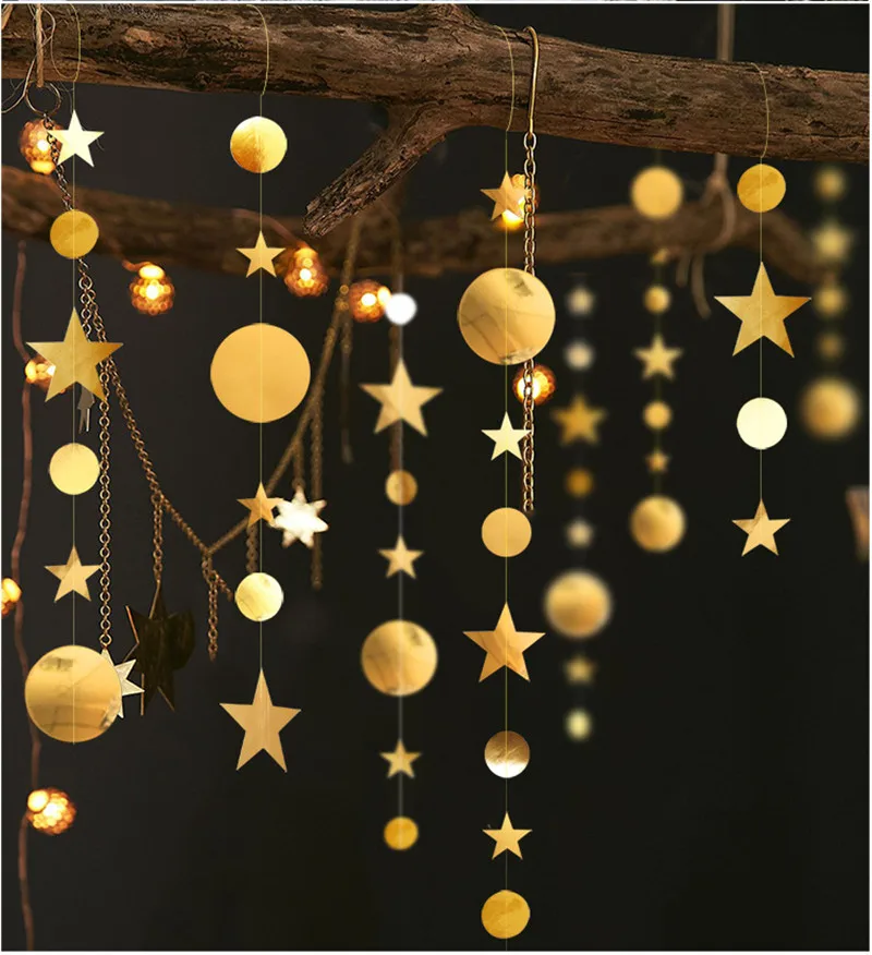 

4m Gold Silver Circle Star Garland Paper Garland Banner Party Flag Bunting Christmas Wedding Birthday Party Room Decor Supplies