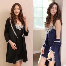 Новинка, искусственный шелк, кружевной низ, женский ночной халат, сексуальная ночная рубашка с бюстгальтером, комплект из 2 предметов, одежда для сна, летняя и осенняя одежда для сна, Халат