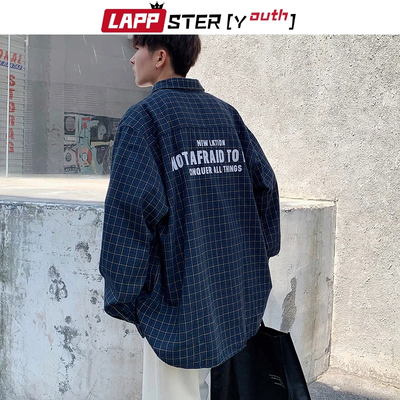 LAPPSTER-Youth Мужская Уличная Harajuku клетчатые рубашки Мужская модная рубашка белая рубашка с длинным рукавом на пуговицах негабаритная 5XL