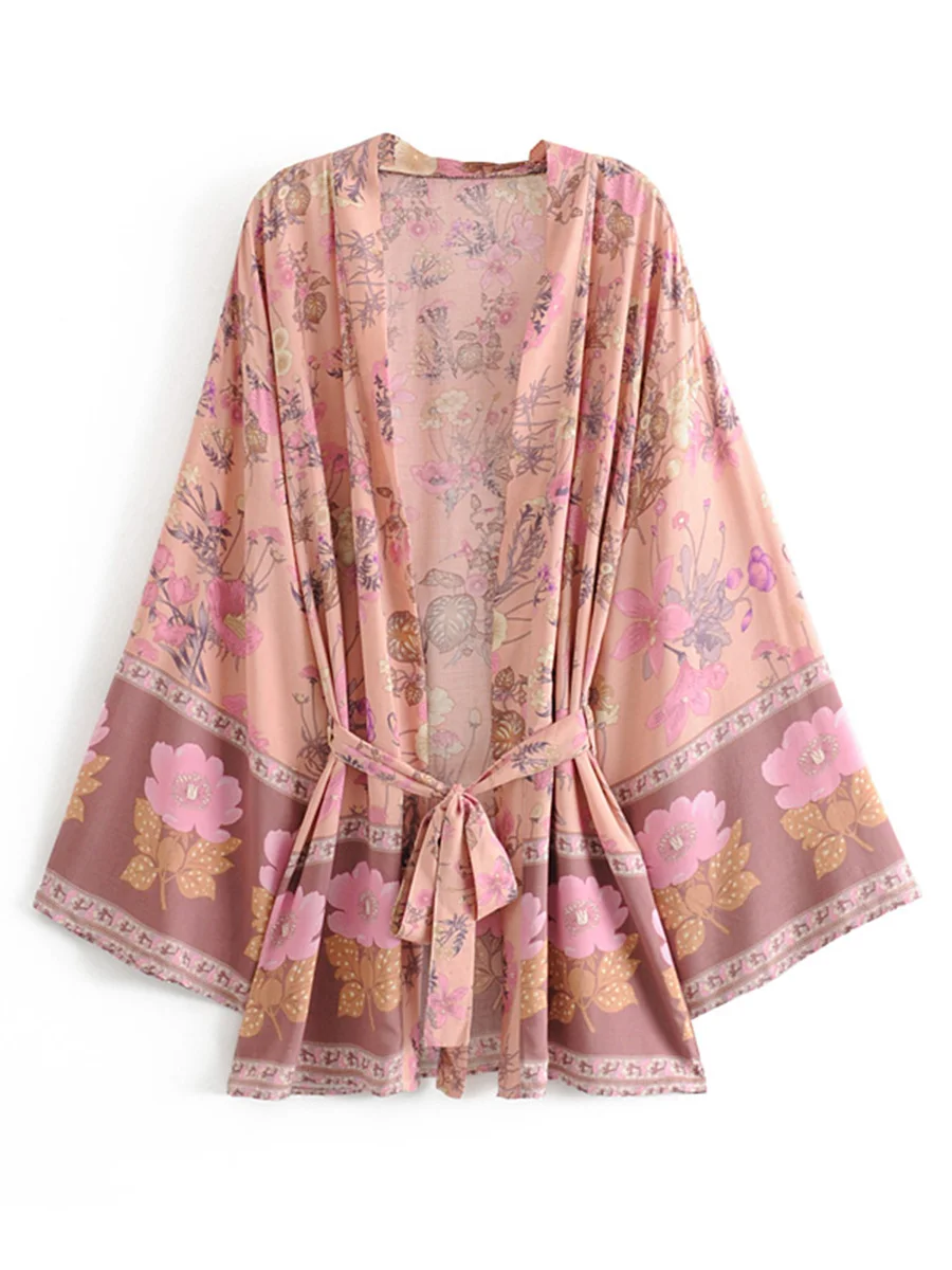 Pink 8370 Осеннее Короткое Кимоно с широким рукавом и поясом, Свободный кардиган, куртка, Топ хиппи, бохо, пляжный топ, блуза, женские кардиганы - Цвет: Pink 8370