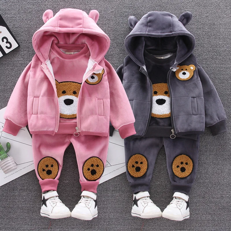 baby outfit matching set Baby clothes winter thick warm suit cartoon bear hooded sweater baby boy baby girl fleece children gold velvet three-piece suit best Baby Clothing Set