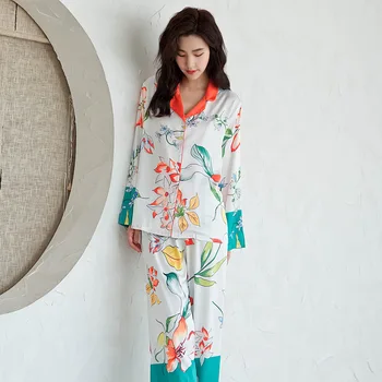 

Fiklyc Spring And Summer New Women Thin Section Ice Silk Printing Loose Long-Sleeved Trousers Home Service Two-Piece Suit