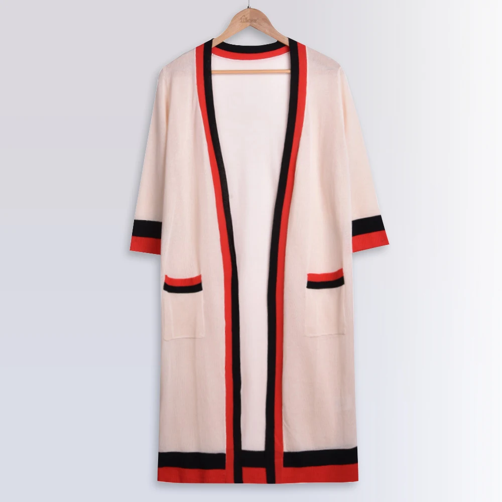

Vintage Long Cardigan Women Elegant Thin Striped Print Sweater With Pockets Autumn Loose Long Sleeve Knitted Tops Streetwear