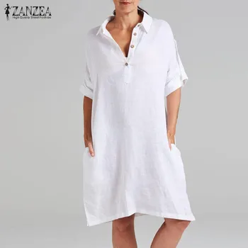 

Fashion Solid Shirt Dress Women's Summer Sundress ZANZEA Casual Long Sleeve Knee Length Vestidos Female Button Robe Plus Size