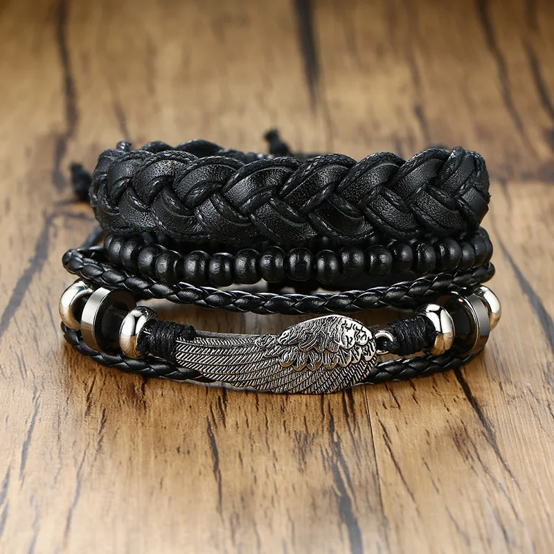 Vnox 4Pcs/ Set Braided Wrap Leather Bracelets for Men Vintage Life Tree Rudder Charm Wood Beads Ethnic Tribal Wristbands 24