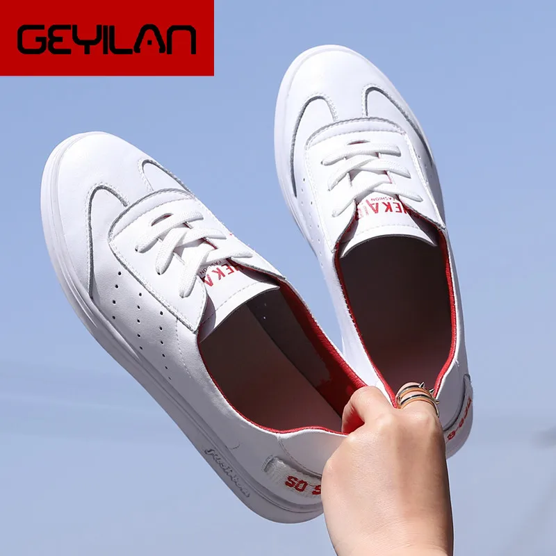 

Women Sneakers 2018 Fashion Breathble Vulcanized Shoes Women Genuine Leather Flats Women Lace up Casual Shoes White sneaker