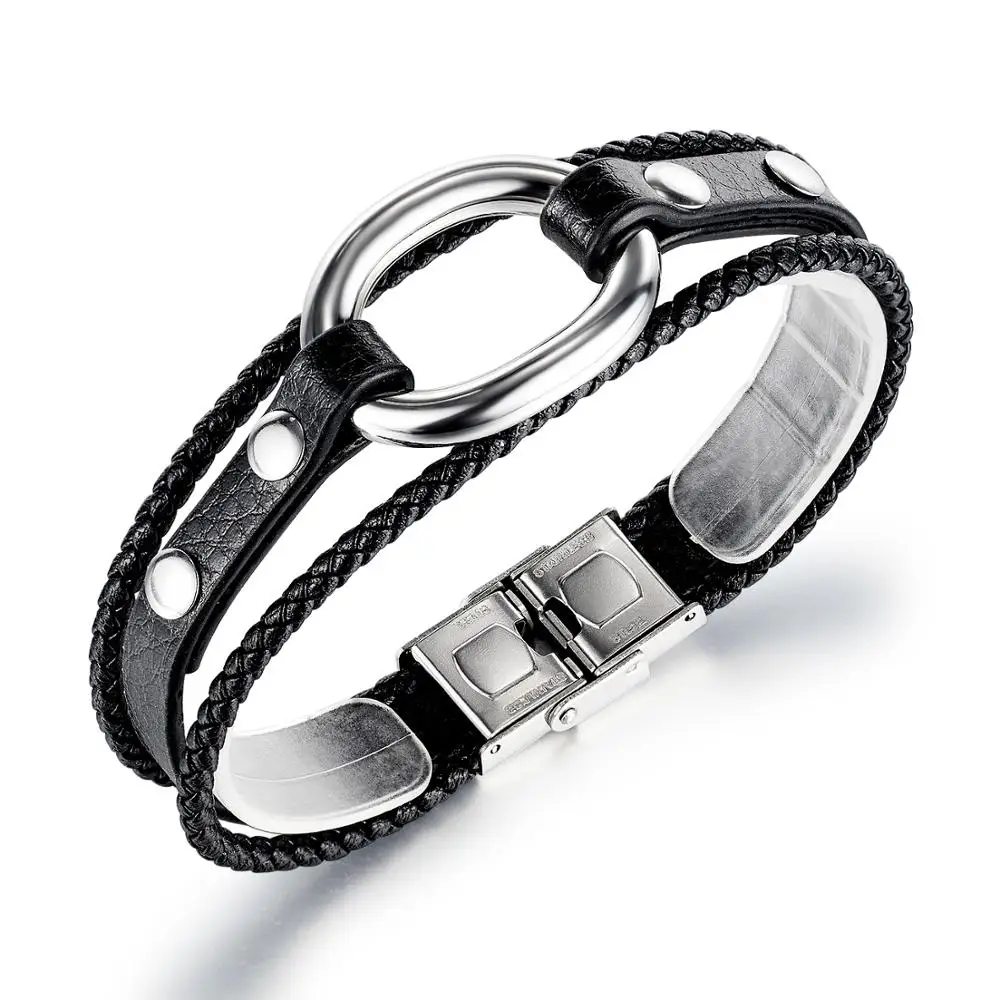 

Men Bracelet Leather Bracelet Stainless Steel Bangles Luxury Brand Punk Black Fashion Metal Circle Wristband Men's Accessories