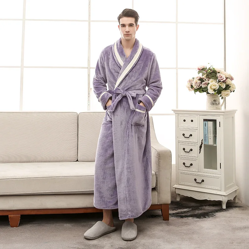 Зимний толстый Халат для влюбленных, мужской/женский фланелевый Халат размера плюс, M, XL, XXXL, одежда для сна, теплый домашний халат - Цвет: man purple