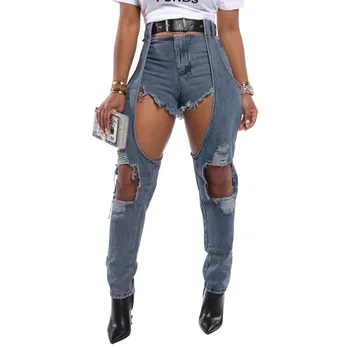 

2020 Summer Hole Jeans For Women Pnats Sexy Destroy Ripped Jeans Light Blue Denim Trousers Streetwear Skinny High Waist Jeans