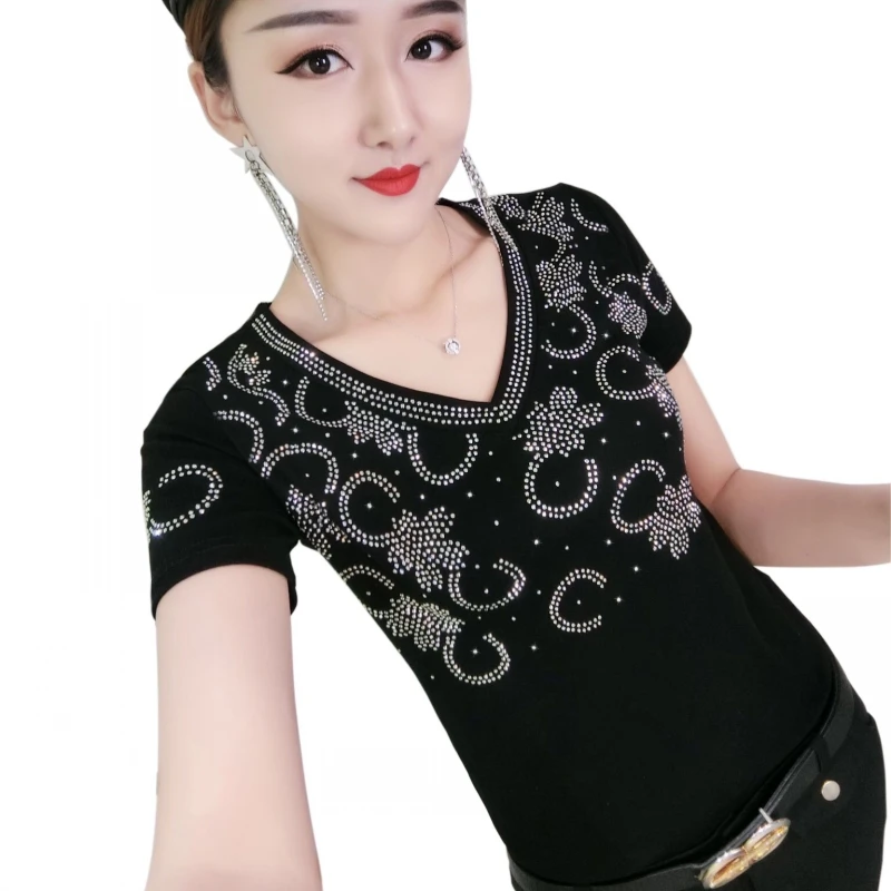 Black tshirt Модная Корейская футболка в алмазах с открытыми плечами, новая летняя женская уличная одежда, Облегающая рубашка, Camiseta Mujer T95402L - Цвет: Black tshirt