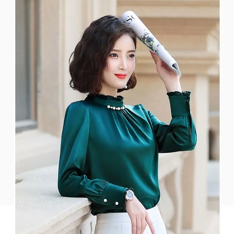 Корейские модные шелковые женские блузки Бисероплетение атласное с длинными рукавами женские рубашки плюс размер XXL Blusas Femininas Elegante женские топы - Цвет: Зеленый