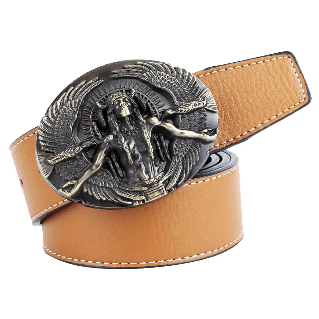 Luxury Native  Chief Tribe Leader Oval Shape Buckle Fiber Leather Belt Cowboy Waist Belt