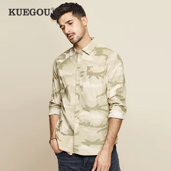 

KUEGOU 2019 Autumn 100% Cotton Camouflage Embroidery Shirt Men Dress Casual Slim Fit Long Sleeve For Male Fashion Blouse 5150
