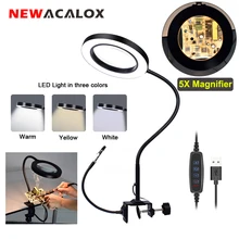 

NEWACALOX Flexible Table Clamp Large Illuminated Magnifier Soldering Iron Holder 5X Magnifying Glass with LED Light Third Hand