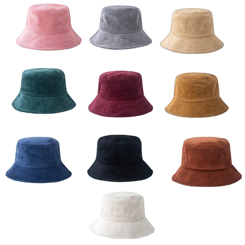 

Women Men Winter Warm Corduroy Velvet Bucket Hat Ribbed Striped Solid Color Harajuku Wide Brim Sunscreen Fisherman Cap