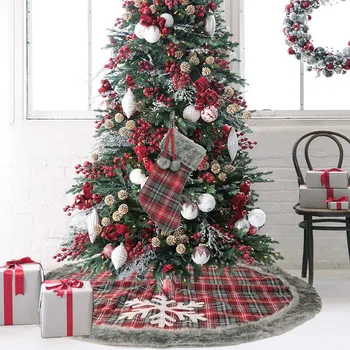 

New 48 Inch Christmas Tree Skirt Red Plaid with Fur Lining and White Snowflake