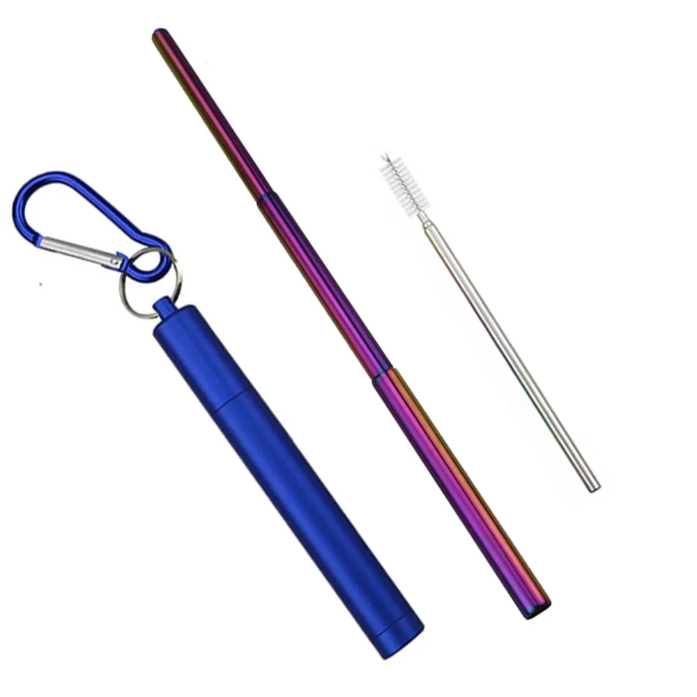 Reusable Retractable Drinking Straws Portable 304 Stainless Steel Telescopic Straw Traveling Foldable Straw with Case and Brush - Цвет: blue box rainbow
