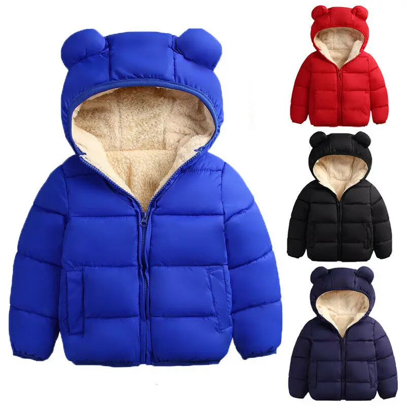 Зимние Пуховые парки для маленьких девочек и мальчиков; пальто с капюшоном и объемными ушками; однотонная теплая одежда на молнии с длинными рукавами; 4 цвета