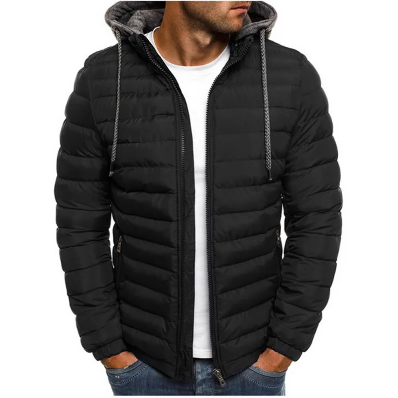 Oeak, мужские модные зимние куртки с капюшоном, пальто, уплотненные теплые легкие парки, мужские одноцветные ветрозащитные куртки, новинка - Цвет: Черный