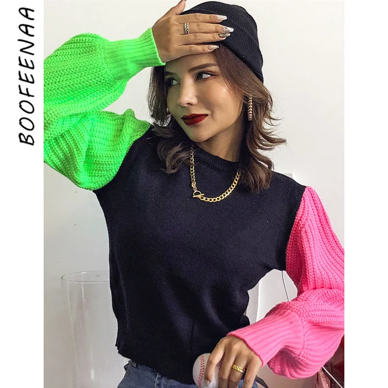 

BOOFEENAA High Quality Knited Womens Sweater Fashion Neon Green Pink Color Block Long Sleeve Fall Sweaters Women C70-AH65