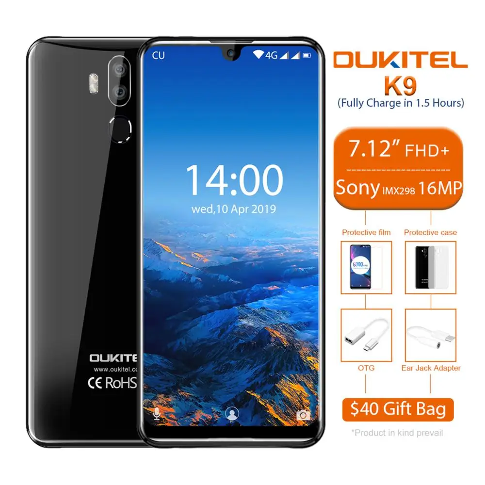 Смартфон OUKITEL K9 экран 7 12 дюйма Android 9 0 Восьмиядерный процессор 2 3 ГГц 4 Гб ОЗУ 64 ПЗУ