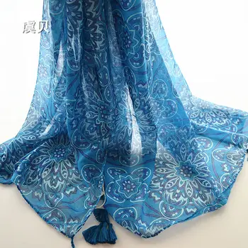 

shawl for women printed blue with tassels spring summer beach sunscreen thin wrap fashion casual soft long scarf for lady girl