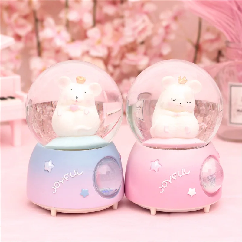 15 см автоматический снежный глобус Kawaii крыса музыкальная шкатулка в виде хрустального шара домашние декоративные аксессуары ремесла год подарок для девочек