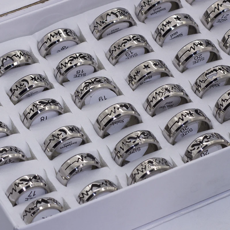 36 Pcs/lot Titanium Steel Laser Cut Hollow Heart Butterfly Rings 2022 New Fashion Jewelry Wholesale Rings Polished Inside