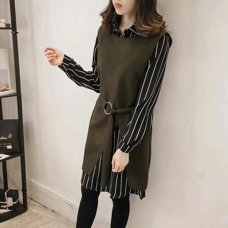

Autumn And Winter WOMEN'S Suit Korean-style New Style Striped Shirt Woolen Vest Dress Two-Piece Set